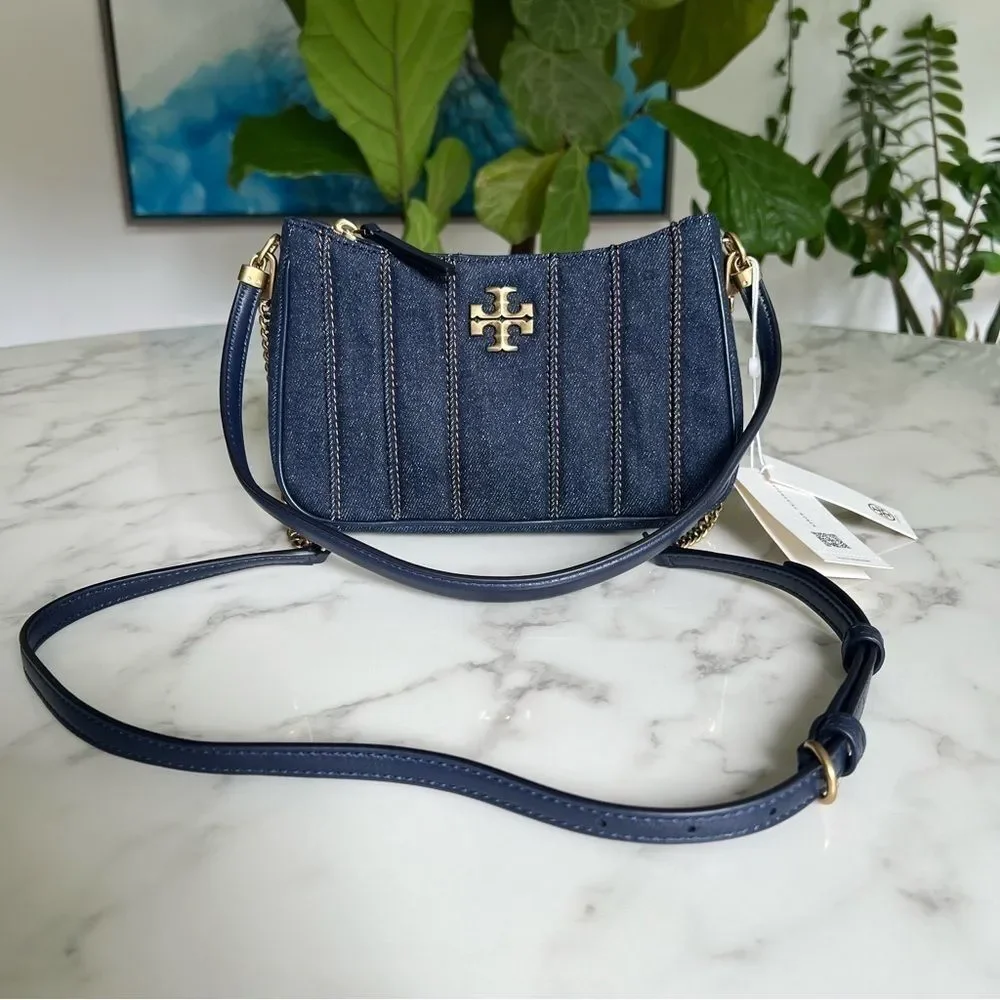 NWT Tory Burch Kira Denim Mini Quilted Crossbody Shoulder Bag Gold Navy Blue